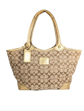 Coach Y2K Bleecker Tan Canvas Gold Leather Large Zip Tote 12380